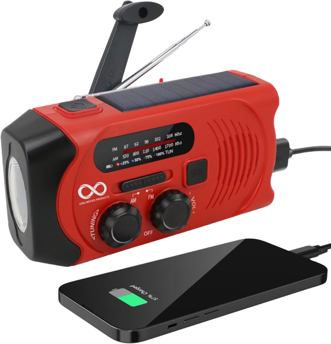 Noodradio - Solar - Opwindbaar - Rood - Powerbank zonneenergie - Zaklamp - draagbare radio