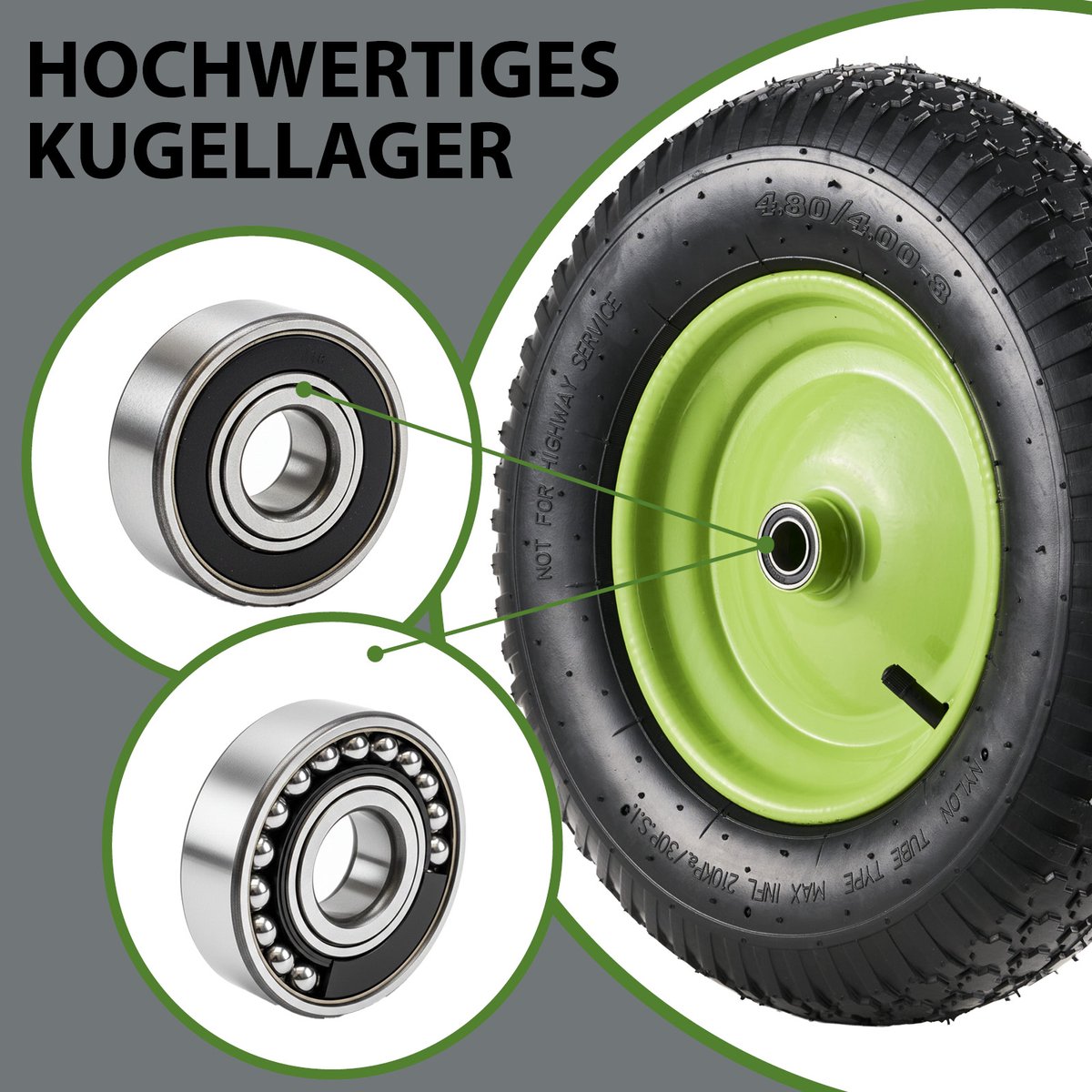 Kruiwagenwiel 4.80/4.00-8 & as Pneumatisch wiel 4PR 400mm Kruiwagenwiel Reservewiel Metalen velg Groen