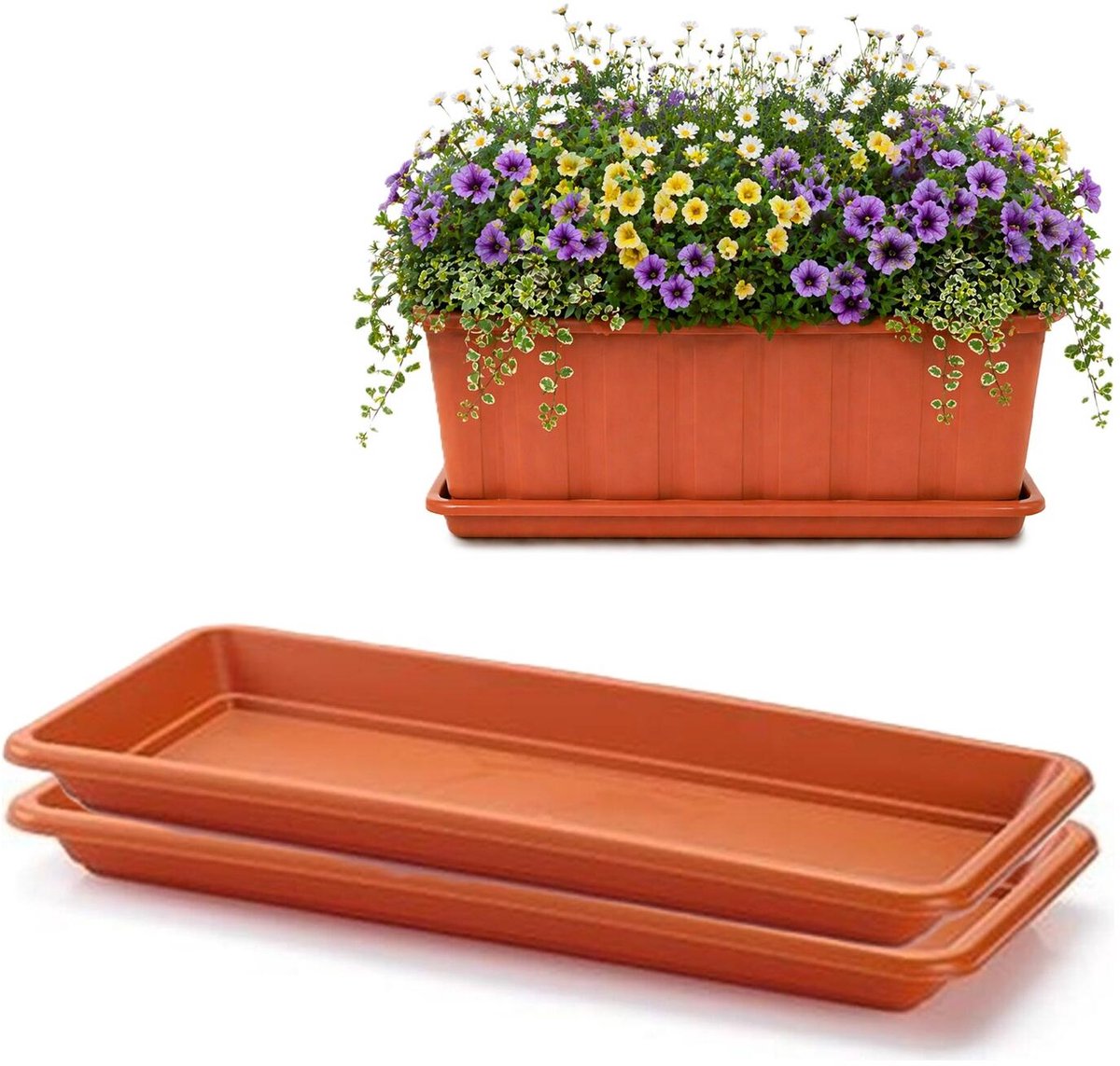Plasticforte Plantenbak water onder opvangschaal - 2x - terracotta - rechthoek - 39 x 18 cm - Bloembakken