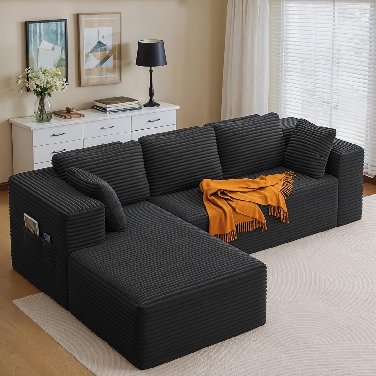 Modulaire Hoekslaapbank L-vorm 250 x 88 x 61 cm – 3-Zits Corduroy Slaapbank met Chaise Lon