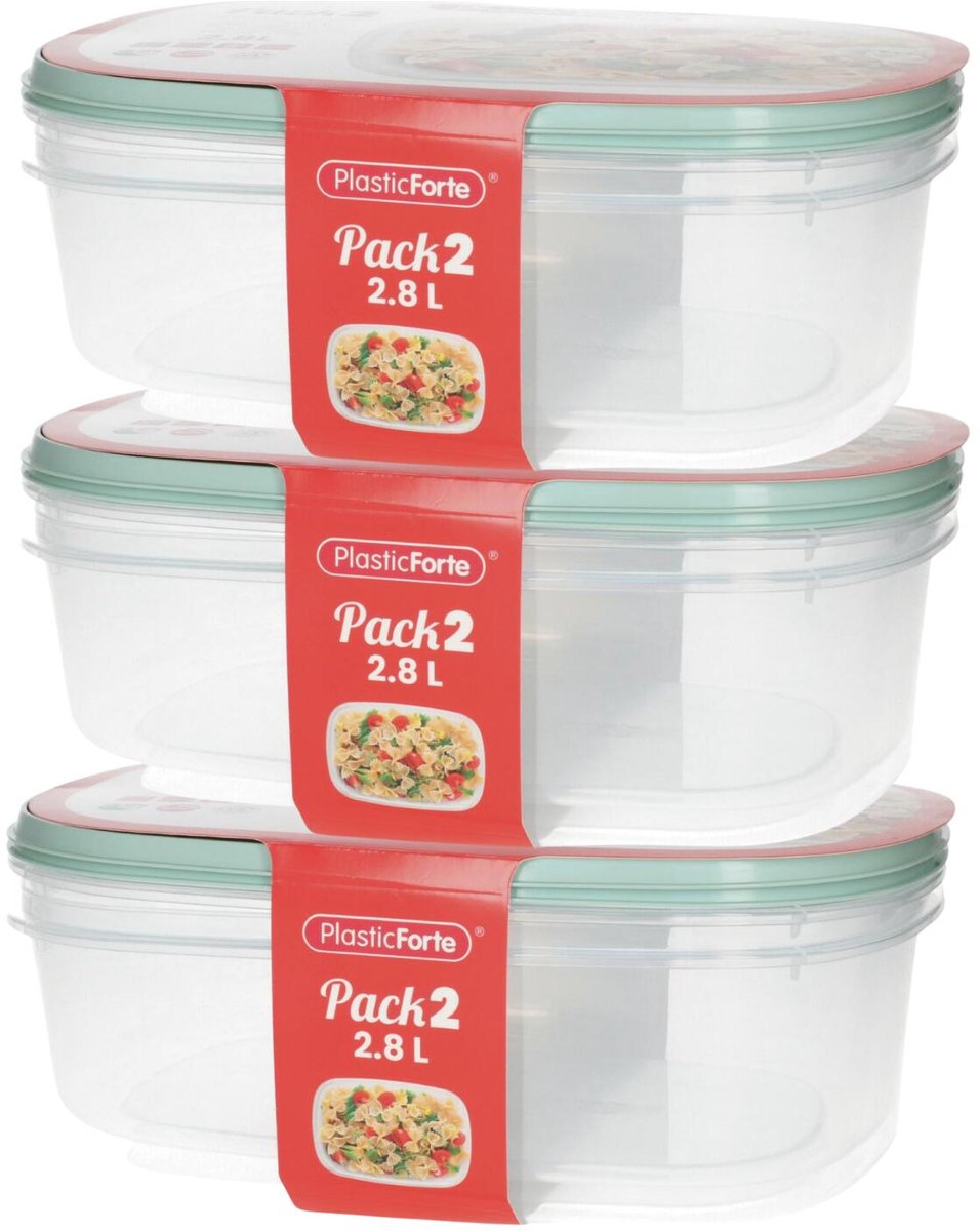 Plasticforte Vershoudbakjes - 6x stuks - 2.8 liter - herbruikbaar - transparant/groen - kunststof - magnetron - vriezer
