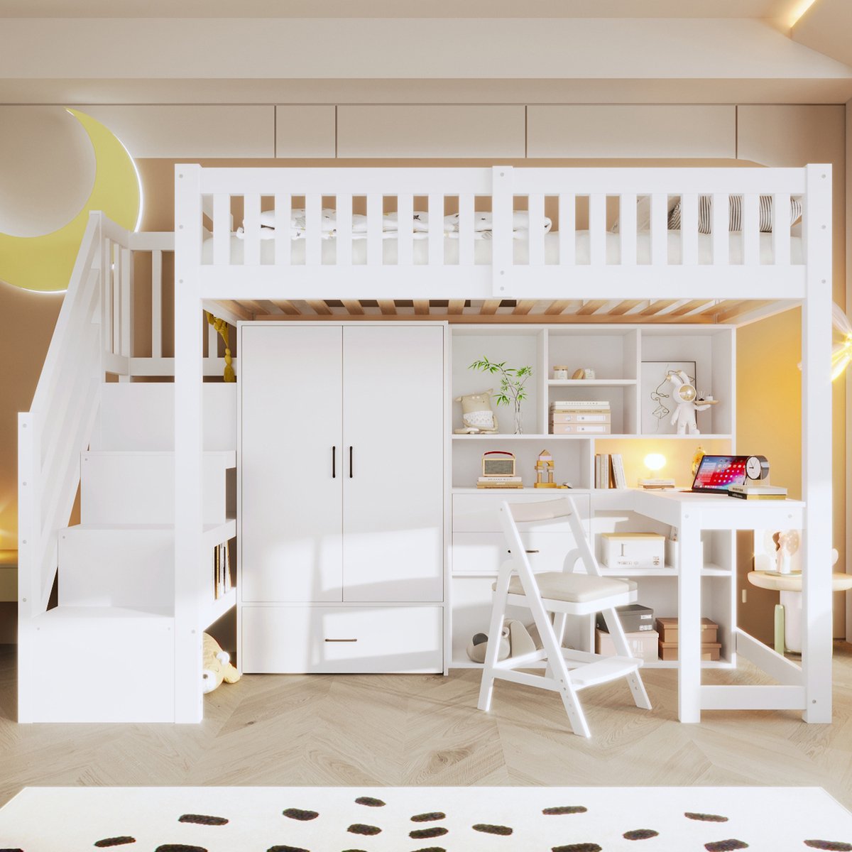 VVBV Hoogslaper 90x200 met bureau / Hoogslaper met bureau en kast – met Kledingkast, Opbergruimte, Ladder – Wit – Zonder Matras – Opbergrekken en Ladder White