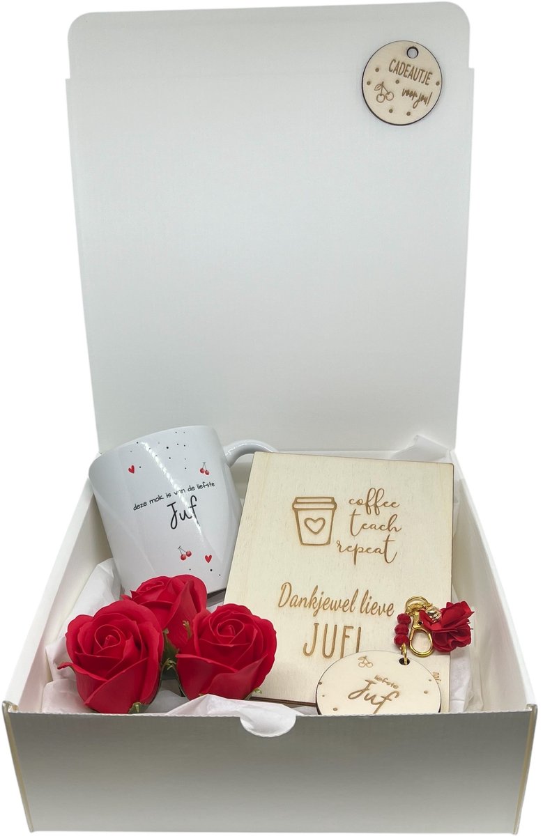 Geschenkbox Juf | Rood | MOK | kersjes | zeepbloemen | liefste juf | einde schooljaar | kleine attentie | de liefste ben jij | topper | cadeau | liefste Juf | juffencadeau