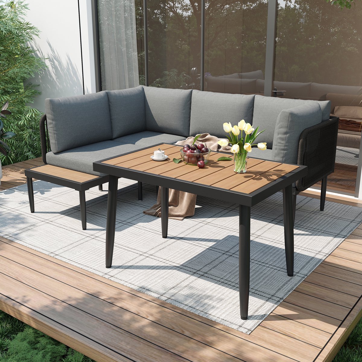 BLACKCOLORS Tuinset, tuinmeubelset, hoekbank + eettafel, hoek, verzinkt stalen buis, tafelblad van kunststof met houtlook, grijs