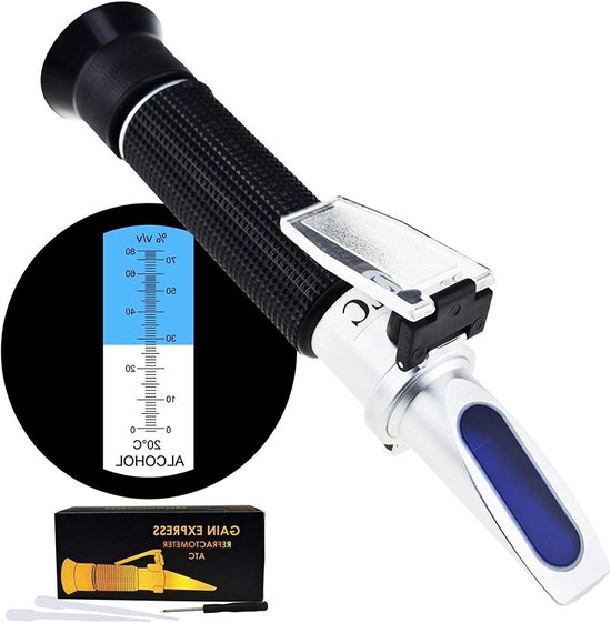 Refractometer met een zichtbare schaal van 0-80% VOL en 0-50°C, naast de originele verpakking.