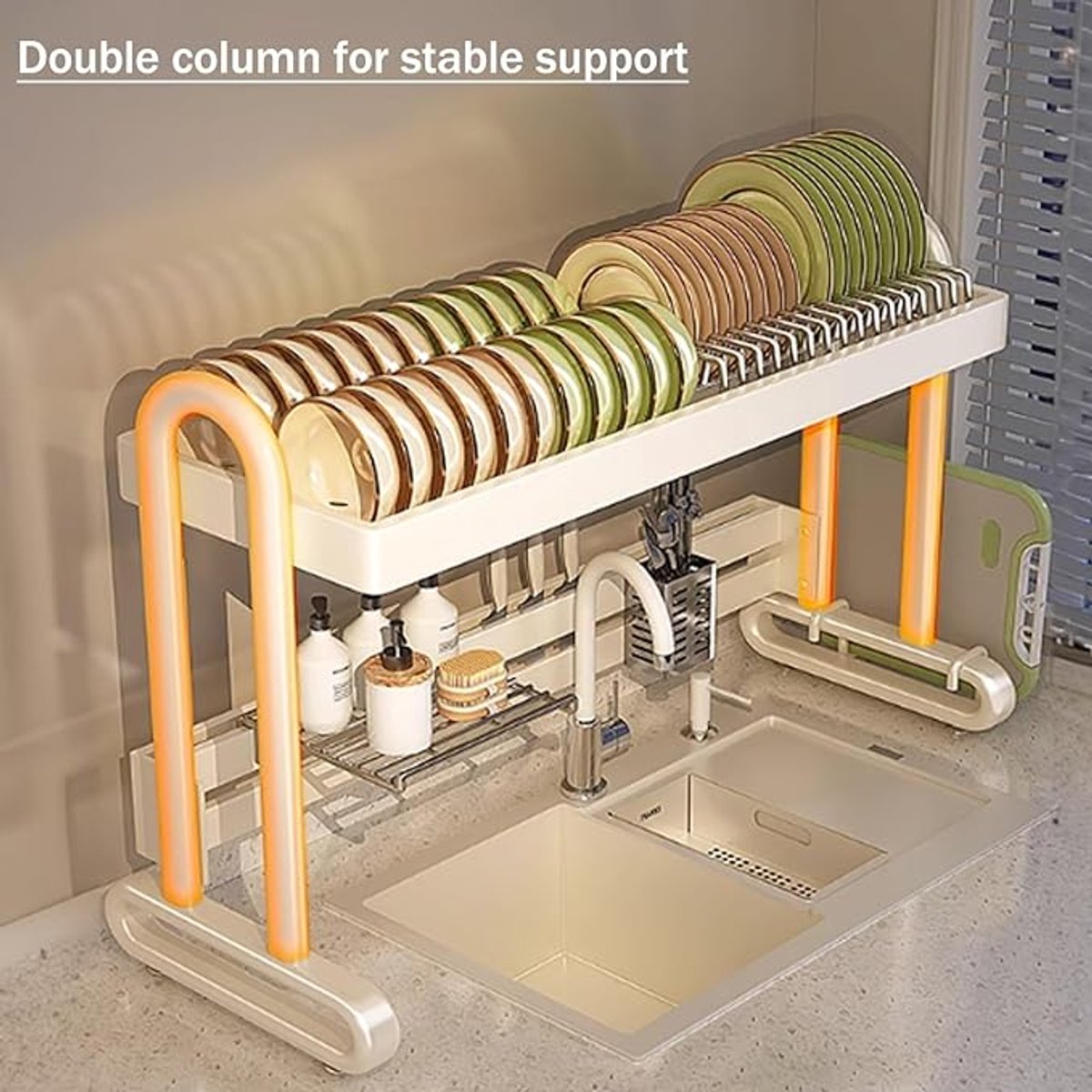 Verstelbaar Keukenrek Boven de Spoelbak 75 cm – Dubbel Laags RVS Afdruiprek met Bestekhouder en Afvoer – Ruimtebesparende Keuken Organizer voor Pannen, Borden en Kopjes
