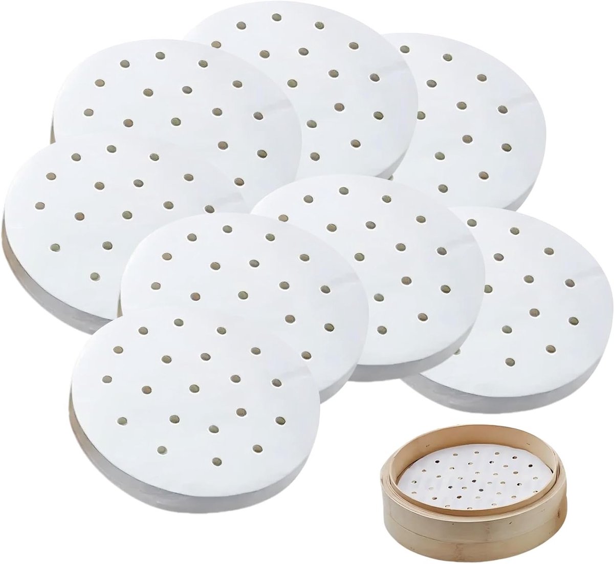 Perforated Bamboe Papier voor Stomen, 19 cm, Antiaanbaklaag, Ideaal voor Dim Sum en Air Fryer, 7.5 Inch Parchment