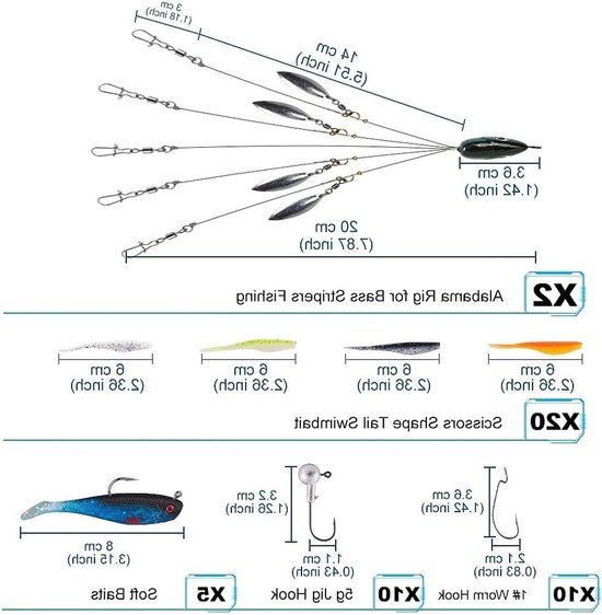 5-arm multi-aas rig voor roofvissen, complete set met jigkoppen, haken en swimbaits voor snoekbaars, snoek en baars in zoet en zout water — afbeelding 5