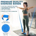 Vrouw met groene sportkleding die een blauwe weerstandsband gebruikt. Tekst: 'PREMIUM QUALITY EXERCISE BANDS'.