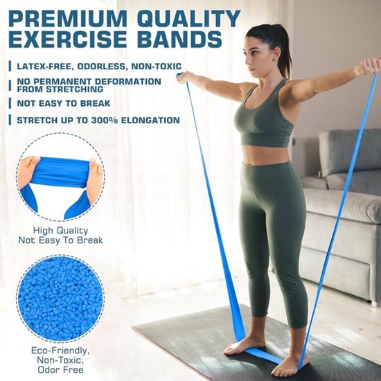 Vrouw met groene sportkleding die een blauwe weerstandsband gebruikt. Tekst: 'PREMIUM QUALITY EXERCISE BANDS'.