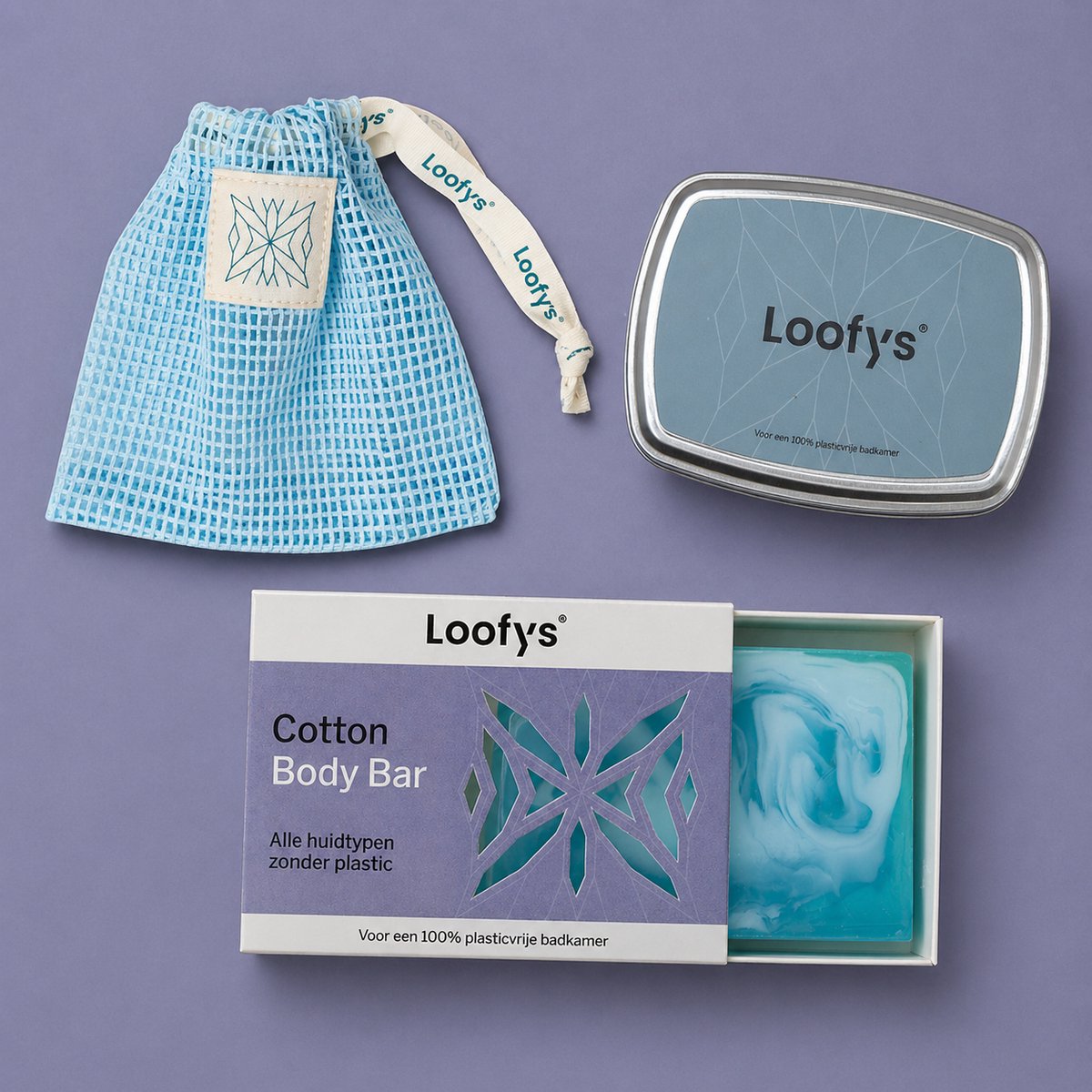 Loofys Body Soap Bar Cotton met Zeepzakje en Reisblikje - Body Wash Bar voor Gevoelige Huid - Duurzaam en Plasticvrij - Body Bar Travel Set - 80g