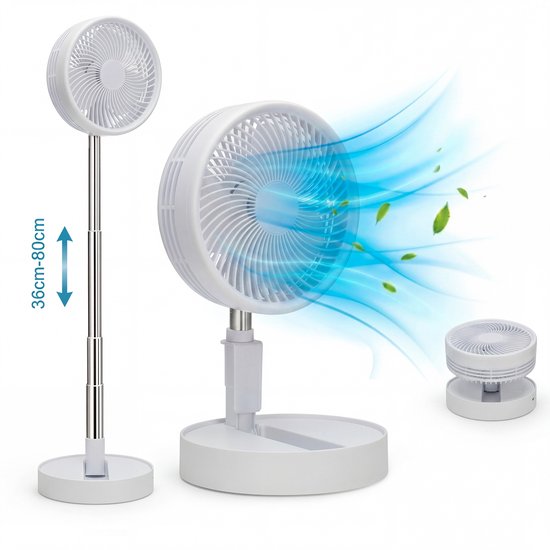 Opvouwbare tafelventilator Silvergear draadloos USB-C oplaadbaar, 4 standen, verstelbaar, stil, compact wit