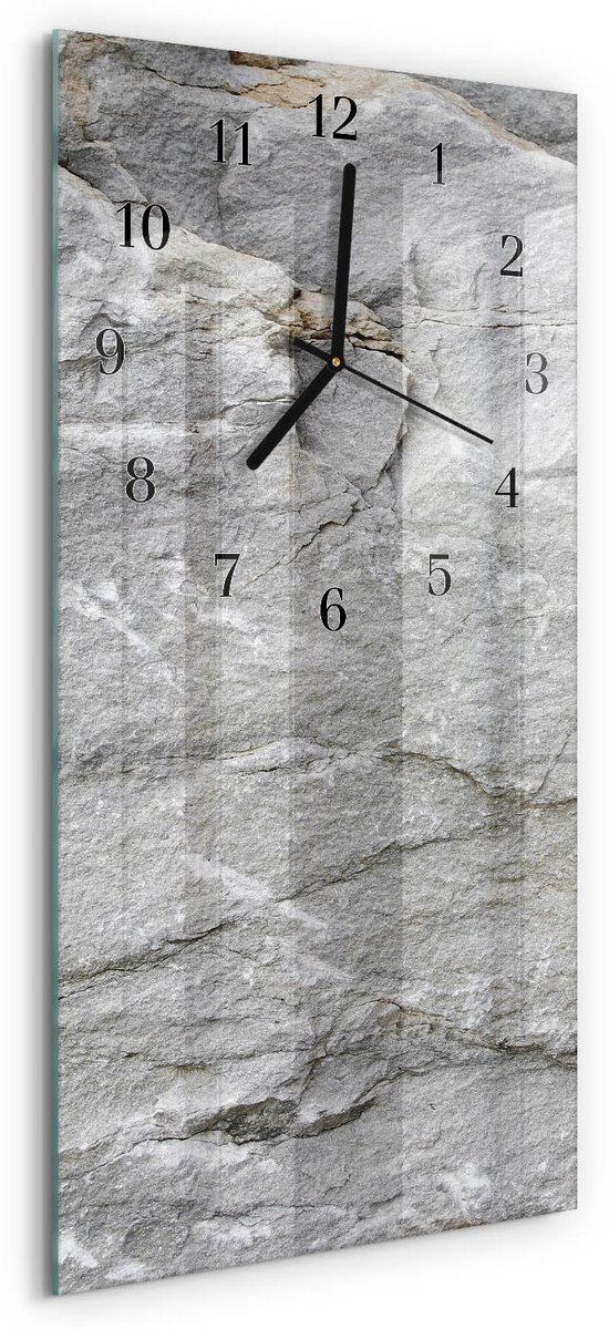 TULUP Wandklok - Steen Decoratieve Glazen Klok - 30x60 cm - Grijs Glazen Wandklok Design - Zwarte Handen - Rechthoekige Wandklok - Wandklok Glas Met Motief - Decoratieve Glazen Klok Grijs - Steen