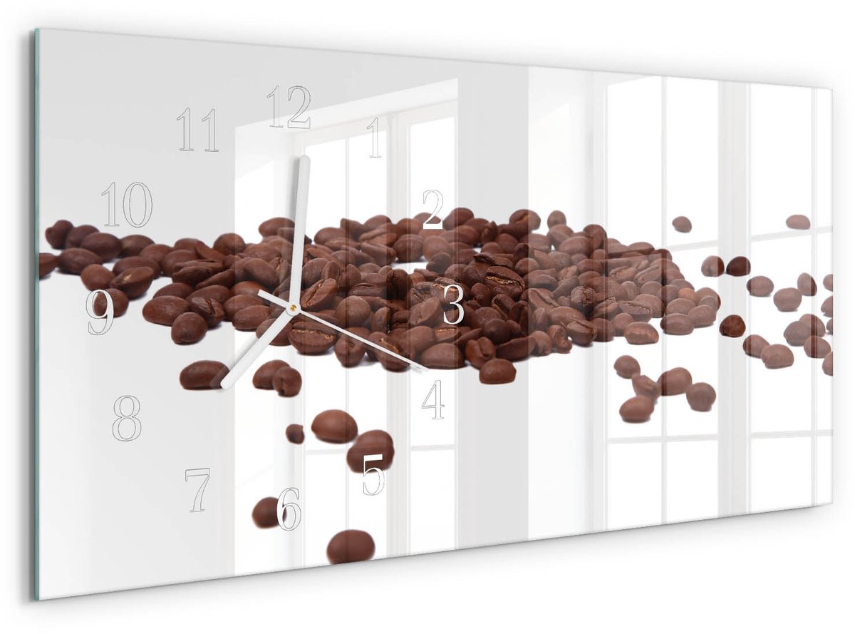 TULUP Wandklok - Koffiebonen Gekleurde Glazen Klok - 60x30 cm - Bruin Glazen Klok Met Print - Witte Handen - Rechthoekige Wandklok - Glazen Klok Met Print - Wandklok Glas Met Motief Bruin - Koffiebonen