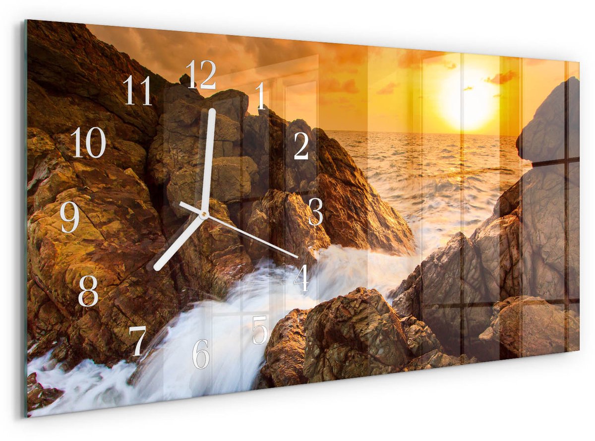 TULUP Wandklok - Zonsondergang Glazen Klok Met Print - 60x30 cm - Oranje Moderne Glazen Wandklok - Witte Handen - Rechthoekige Wandklok - Wandklok Glas Met Motief - Decoratieve Glazen Klok Oranje - Zonsondergang