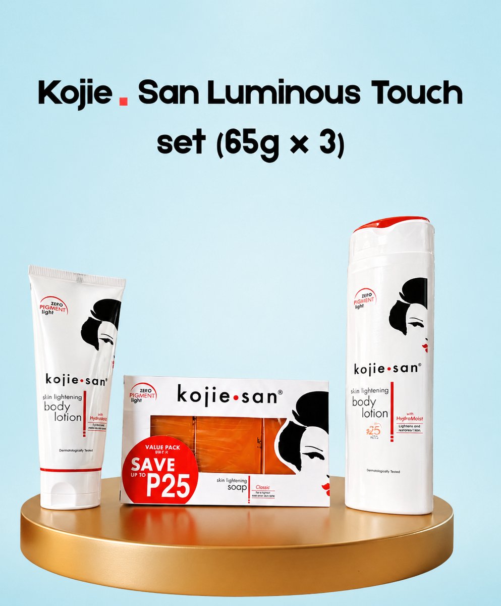Kojie San Luminous Touch Set – 3×65 g – Verhelderende & Hydraterende Zeepset – Helpt Donkere Vlekken te verminderen, Egaliseert de Huidtint & Hydrateert Intensief – Voor een Gladde, Stralende & Gezonde Huid