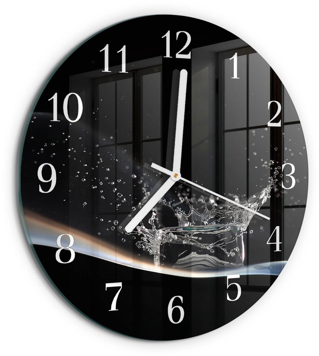 TULUP Wandklok - Water Klok Glas Met Opdruk - 30fi cm - Zwart Moderne Wandklok Glas - Witte Handen - Ronde Wandklok - Wandklok Glas Met Motief - Decoratieve Glazen Klok Zwart - Water