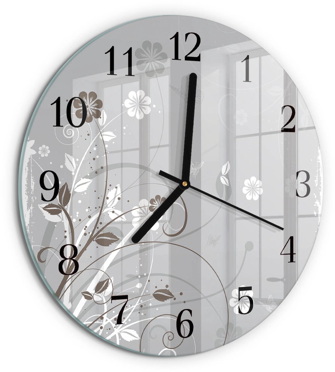 TULUP Wandklok - Bloemen Wandklok Glas Decoratie - 30fi cm - Grijs Gekleurde Glazen Klok - Zwarte Handen - Ronde Wandklok - Gekleurde Glazen Klok - Glazen Klok Met Print Grijs - Bloemen