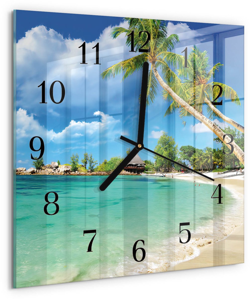 TULUP Wandklok - Strandpalmbomen Gekleurde Glazen Klok - 30x30 cm - Groente Glazen Klok Met Print - Zwarte Handen - Vierkante Wandklok - Decoratieve Glazen Klok - Glazen Wandklok Design Groente - Strandpalmbomen