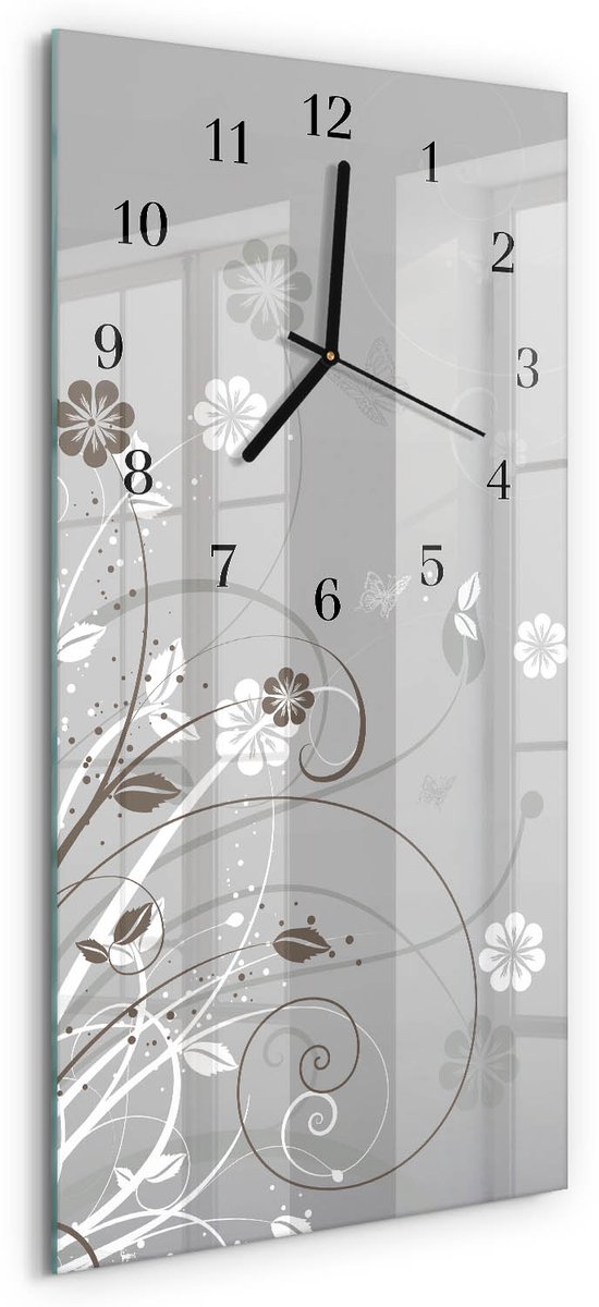 TULUP Wandklok - Bloemen Wandklok Glas Decoratie - 30x60 cm - Grijs Gekleurde Glazen Klok - Zwarte Handen - Rechthoekige Wandklok - Gekleurde Glazen Klok - Glazen Klok Met Print Grijs - Bloemen