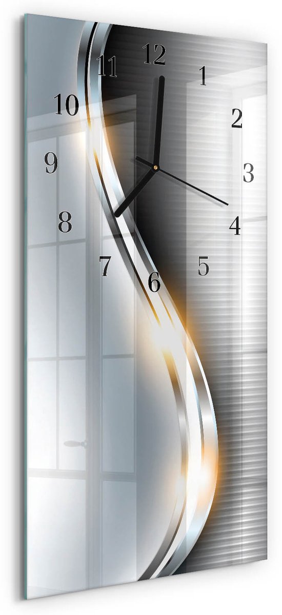 TULUP Wandklok - Metaalabstractie Glazen Wandklok Design - 30x60 cm - Zilver Klok Glas Met Opdruk - Zwarte Handen - Rechthoekige Wandklok - Glazen Klok Met Print - Wandklok Glas Met Motief Zilver - Metaalabstractie