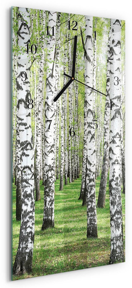 TULUP Wandklok - Berk Klok Glas Met Opdruk - 30x60 cm - Groente Moderne Wandklok Glas - Zwarte Handen - Rechthoekige Wandklok - Wandklok Glas Decoratie - Gekleurde Glazen Klok Groente - Berk