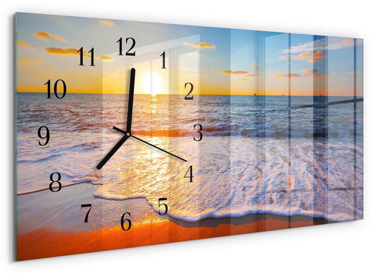 TULUP Wandklok - Zonsondergang Wandklok Glas Met Motief - 60x30 cm - Blauw Decoratieve Glazen Klok - Zwarte Handen - Rechthoekige Wandklok - Glazen Klok Met Print - Wandklok Glas Met Motief Blauw - Zonsondergang