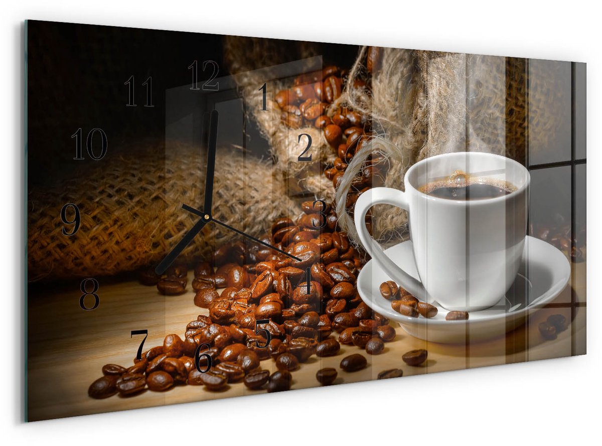 TULUP Wandklok - Koffie Klok Glas Met Opdruk - 60x30 cm - Bruin Moderne Wandklok Glas - Zwarte Handen - Rechthoekige Wandklok - Wandklok Glas Met Motief - Decoratieve Glazen Klok