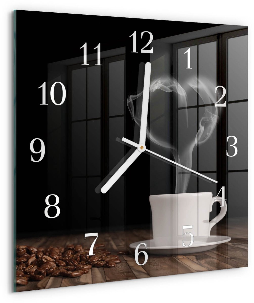 Tulup Wandklok - Koffie Decoratieve Glazen Klok - 30x30 cm - Bruin Glazen Wandklok Design - Witte Handen - Vierkante Wandklok - Wandklok Glas Decoratie - Gekleurde Glazen Klok