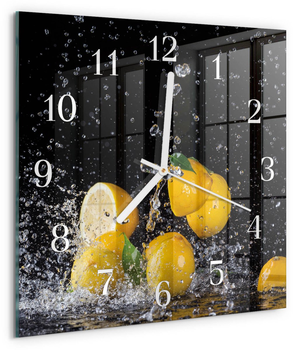 Tulup Wandklok - Citroenen Decoratieve Glazen Klok - 30x30 cm - Geel Glazen Wandklok Design - Witte Handen - Vierkante Wandklok - Moderne Wandklok Glas - Wandklok Glas Decoratie