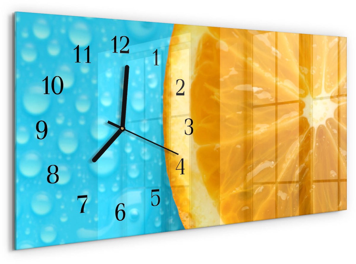 TULUP Wandklok - Oranje Klok Glas Met Opdruk - 60x30 cm - Oranje Moderne Wandklok Glas - Zwarte Handen - Rechthoekige Wandklok - Wandklok Glas Decoratie - Gekleurde Glazen Klok Oranje - Oranje