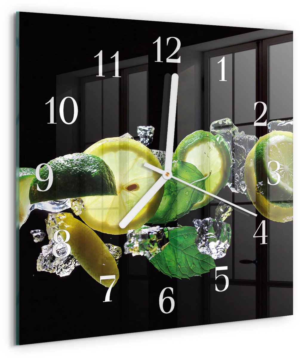 Tulup Wandklok - Citroen en limoen Glazen Wandklok Design - 30x30 cm - Groente Klok Glas Met Opdruk - Witte Handen - Vierkante Wandklok - Wandklok Glas Decoratie - Gekleurde Glazen Klok