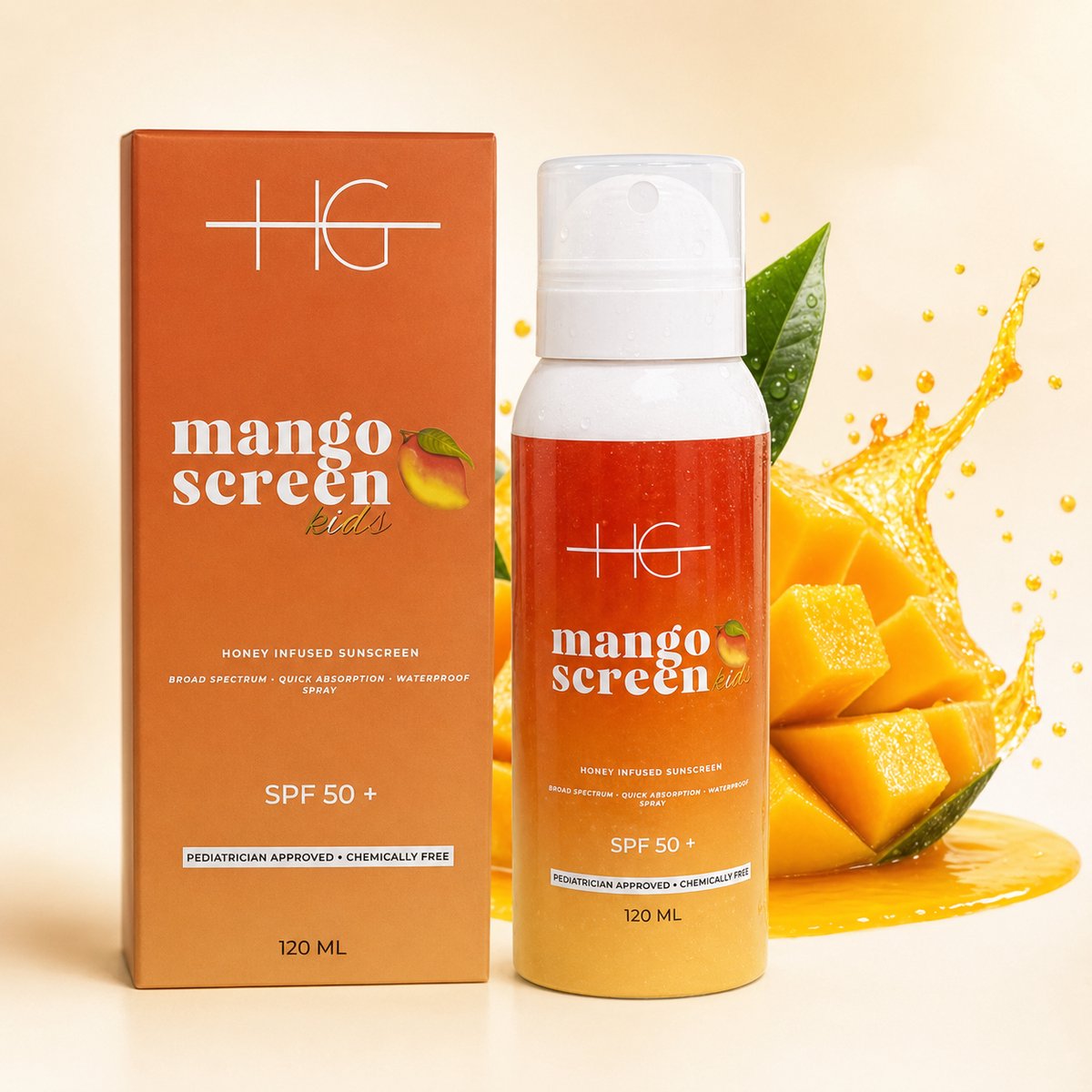 HG Aesthetics Zonnebrand Spray SPF 50 met Honing & Mango – Breedspectrum Zonbescherming – Waterbestendige Zonnespray voor Kinderen & Gevoelige Huid