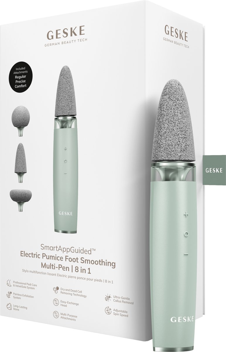 GESKE Electric Pumice Foot Smoothing Multi-Pen | 8 in 1 | Elektrische Voetvijl & Exfoliator | 3 Puimsteen Opzetstukken | Voor Zachte Voeten | Geavanceerde Eeltverwijdering | Voor je Pedicureset