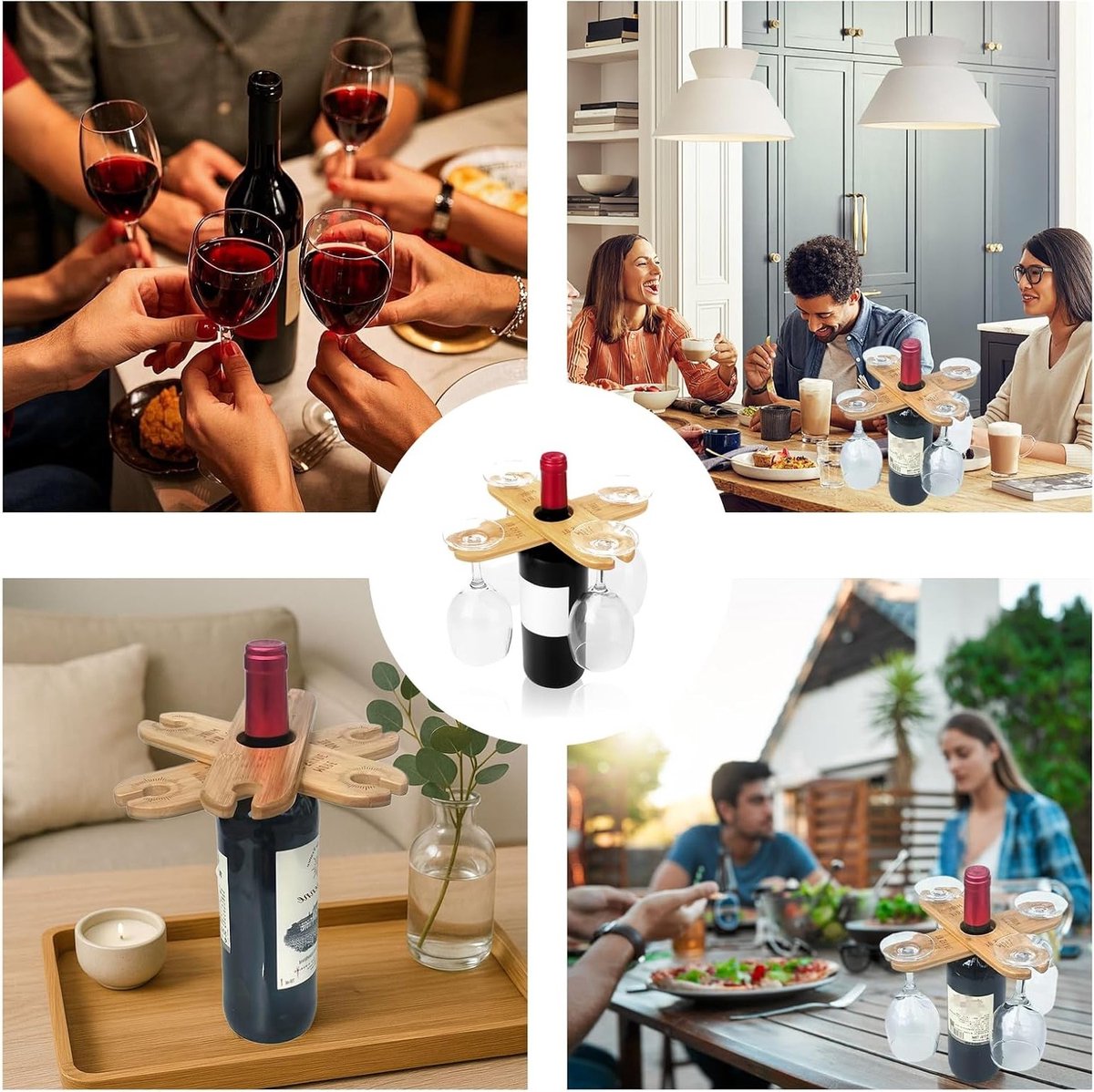 Houten wijn glas houders voor 4 glazen, hangende wijnfles houder, rustieke accessoires voor buiten en picknick — cadeau in Kookcadeaus - foto 4
