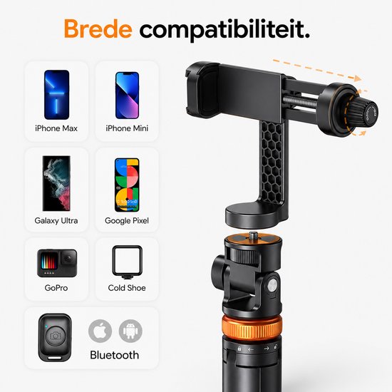 Sounix Telefoon Statief - SelfieStick Tripod met Bluetooth Afstandsbediening - tot 158 cm hoog - Tripod Smartphone - Action Camera Statief - Zwart