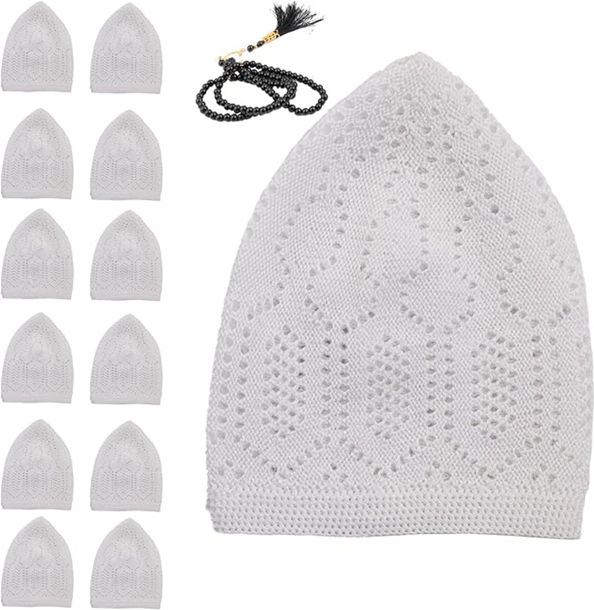 FIRASET Islamitische Gebedsmutsen- Islamitische Kufi Muts voor Heren – Fluwelen Gehaakte Gebedsmuts – Rekbaar & Ademend – Standaardmaat – Set van 12 Witte Kufi Hoeden