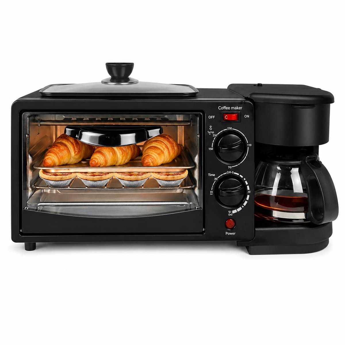 CINKitchen 3-in-1 Ontbijtstation – Mini Oven 9L + Koffiezetapparaat 600ml + Grillplaat – Compact Keukenapparaat – 230°C – Zwart