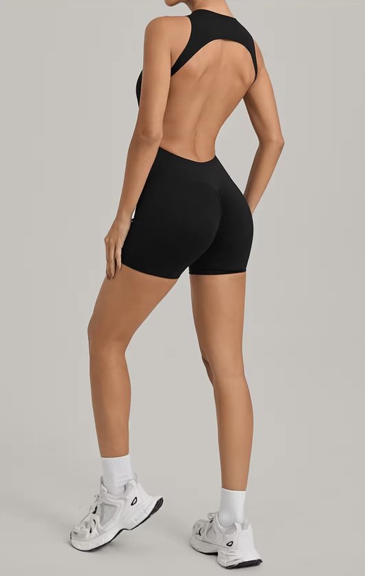 Vixen Short Jumpsuit Dames - Maat l - Zwart - Seamless Sport Jumpsuit met Rits en Open Rug - Korte Fitness & Yoga Jumpsuit - Sportpak Dames — afbeelding 2