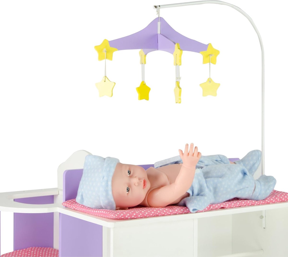 Poppen commode - Baby station - Poppen verzorgen - Inclusief accessoires - 58 x 48 x 98 cm - Paars/Wit – foto 8