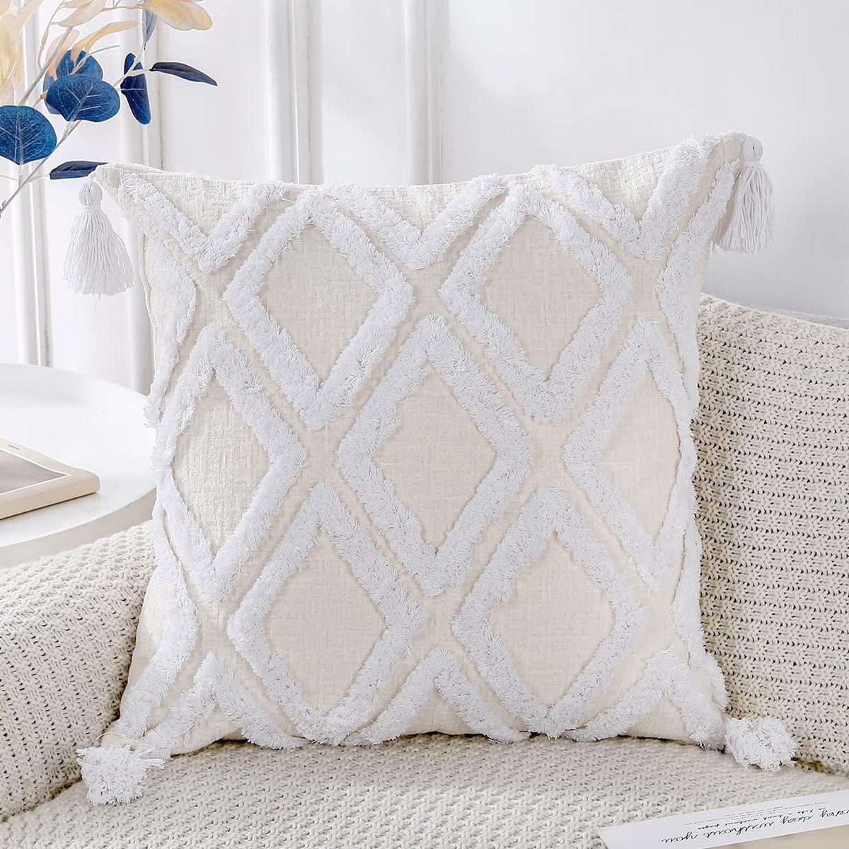 Decoratieve Sierkussensloop Wit 40x40 cm | Zacht Pluche met Diamantpatroon en Kwastjes | Boho Woondecoratie