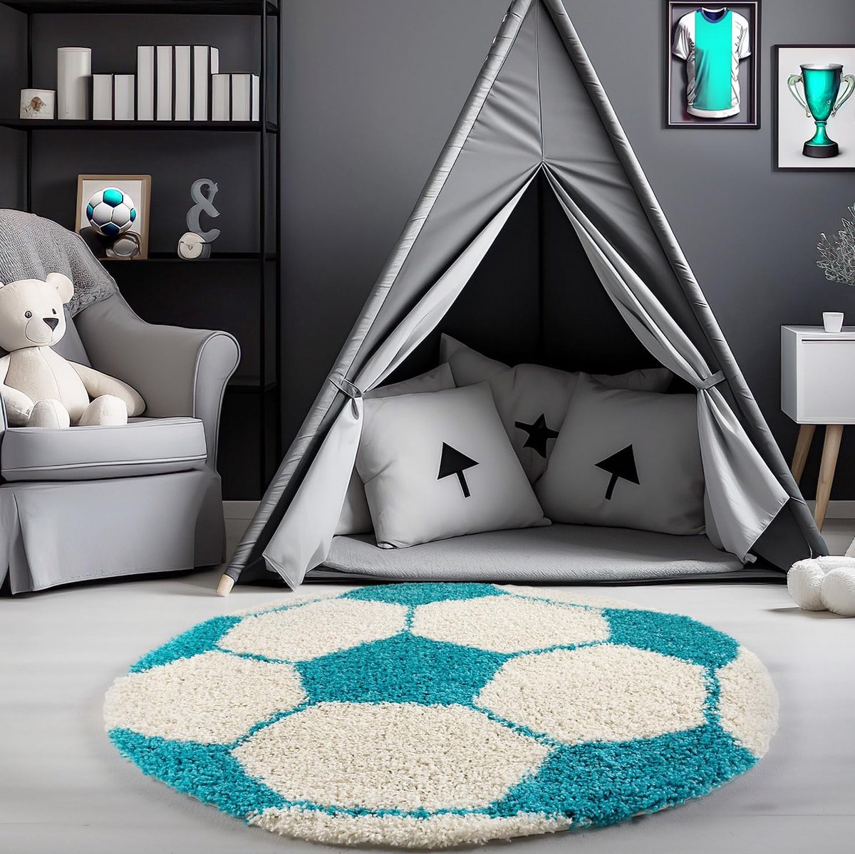 Rond Vloerkleed Turkoois Voetbal - Hoogpolig Kinderkamer Tapijt 100 cm