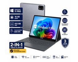 Windows Tablet 16 Inch Touchscreen - 16GB DDR5 - 512GB SSD - Inclusief Toetsenbord - 2-in-1 Laptop voor Werk, Studie, Reizen, Vakantie, Films en Entertainment - QHD IPS