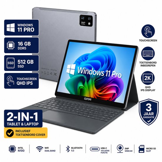 GMR 2-in-1 tablet/laptop in donkergrijs met keyboard cover. Scherm toont Windows 11 Pro wallpaper.