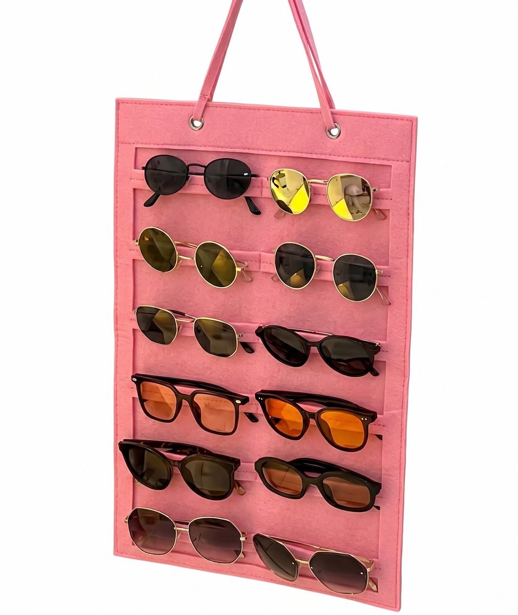 Zonnebrillen Organizer 12 Vakken - Roze - Vilten Ophangbare Brillenhouder - Wandmontage - Ruimtebesparend - Ideaal voor Thuis, Studenten of Winkels - Brillen Opbergen & Display - Handige Brillen Opberger