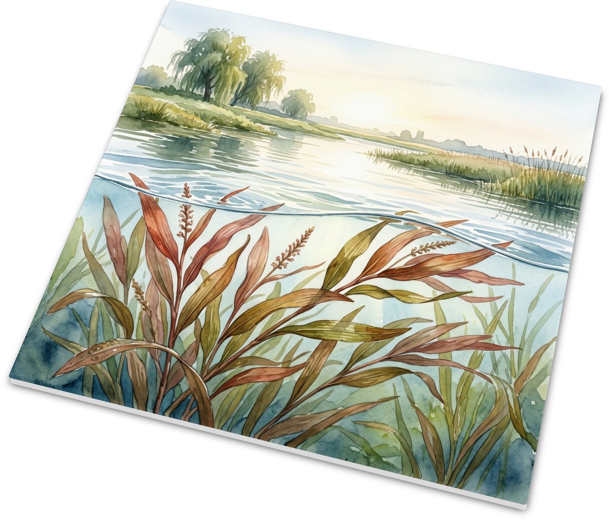 Tegeltje Alpenfonteinkruid Potamogeton alpinus - Wanddecoratie aquarel van waterplanten in