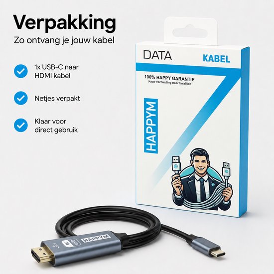 Verpakking van de HappyM USB-C naar HDMI-kabel, met kabel op de voorgrond. De verpakking vermeldt "DATA KABEL" en "100% HAPPY GARANTIE".