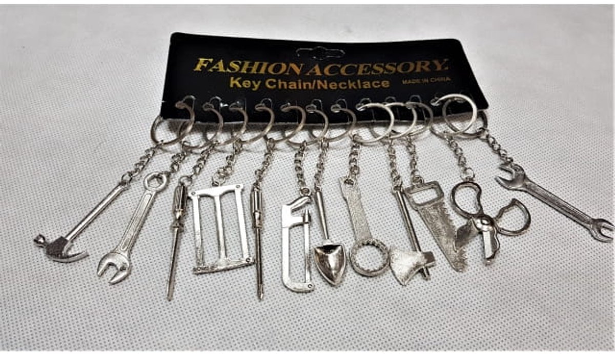 Gereedschap Sleutelhanger - Set van 12 - Mini Moersleutel, Zaag, Steeksleutel, Schroevendraaier en meer - Cadeau voor Klusser en Monteur