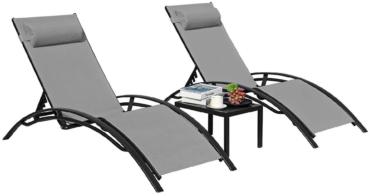 Jently lounge stoel - lounge stoel voor buiten - set tuinstoelen - met bijzettafel - met 5 Verstelbare Posities - set van 2 - grijs