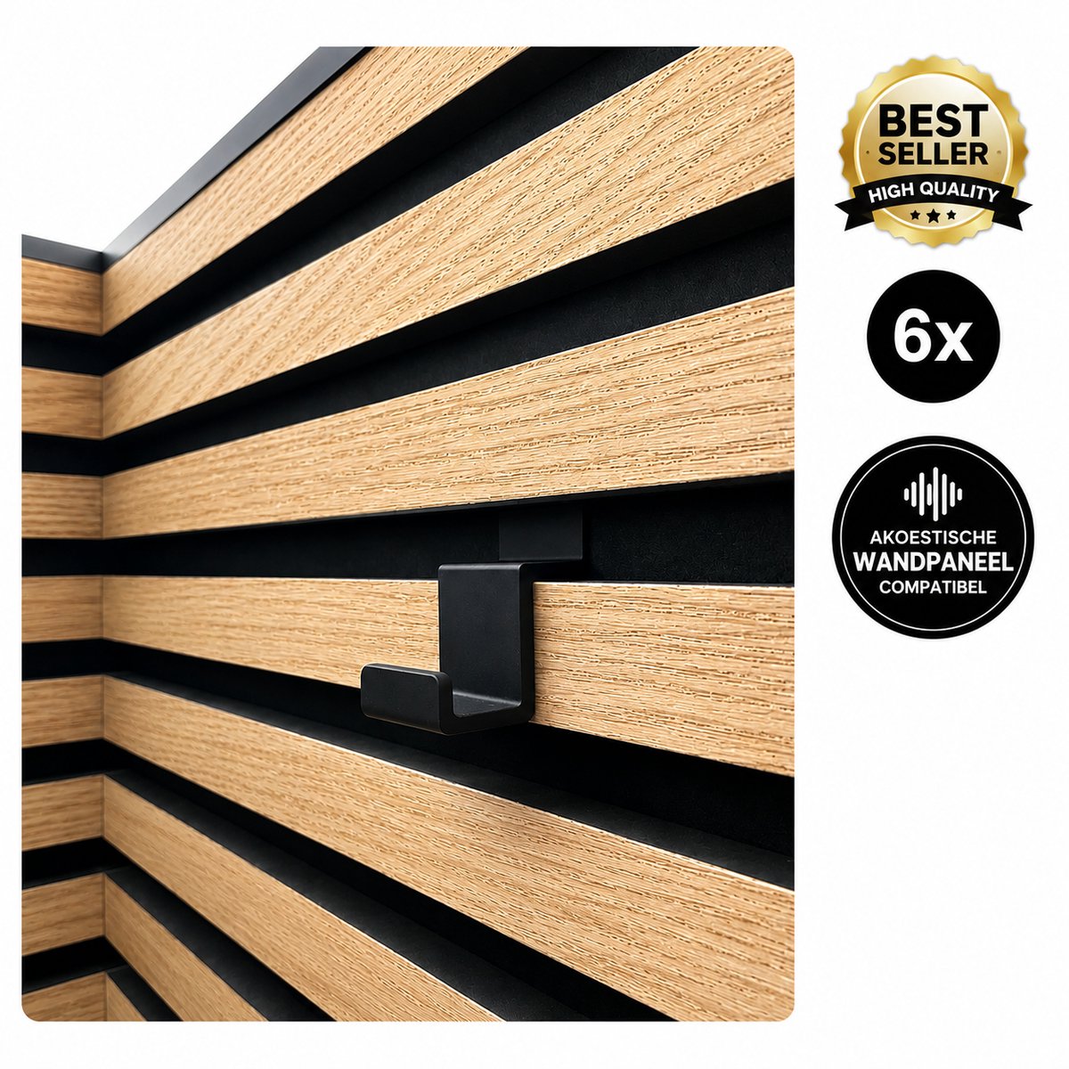 6 Stuks Akustische Paneel Haken - Wandhaak Voor Lattenwand - Kapstokhaak Voor Akoestische Wandpanelen - Design Wandhaak - Opberghaak Voor Hal Slaapkamer Kantoor Badkamer - Sterke Bevestiging - Organizer Voor Wandpanelen - Zwart
